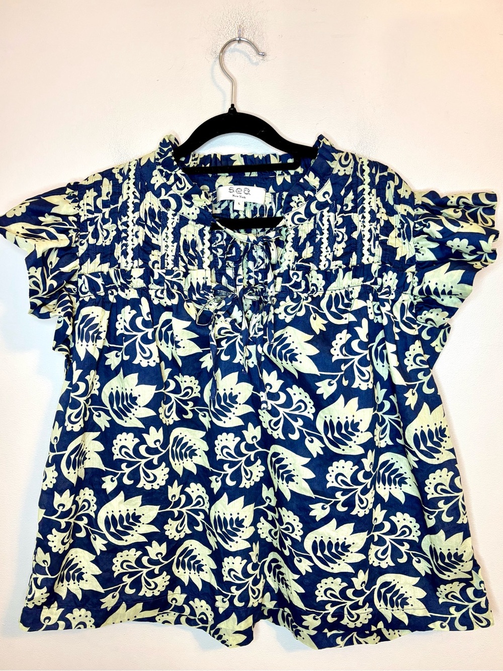 Sea New York Navy Green Floral Smocked Flutter Sleeve Blouse Size L